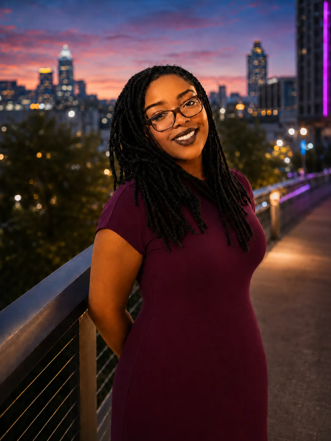 Moremi Wolcott in a purple dress overlooking Atlanta at dusk